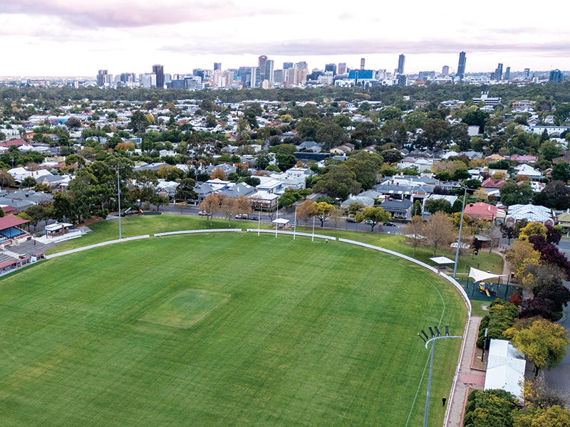 Unley Oval Aerial View with CBD in the background