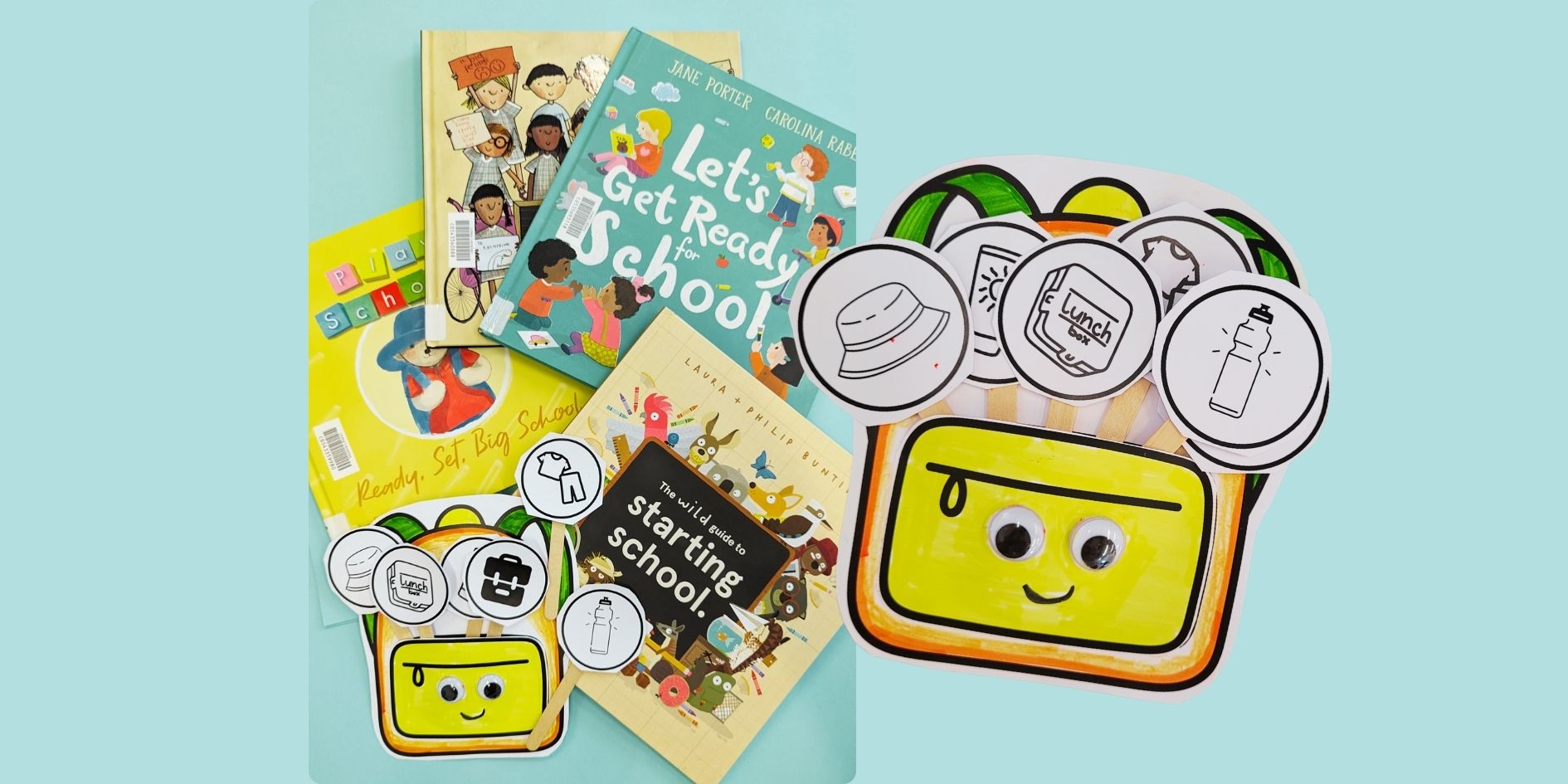 A collection of picture books about school and a craft school bag made of paper